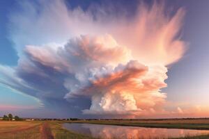 AI generated Massive cloud hovering over a picturesque river. Generative AI photo
