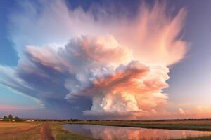 ai generado masivo nube flotando terminado un pintoresco río. generativo ai foto