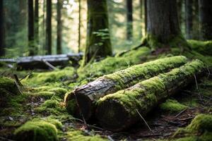 AI generated Moss covered logs in an evergreen forest. Generative AI photo