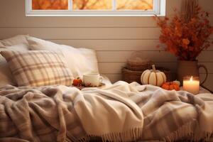 AI generated Cozy fall bedroom mockup with warm blankets, books, and autumn decor. Generative AI photo