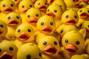 AI generated A quirky composition of a group of rubber ducks at a rubber ducky convention. Generative AI photo