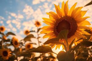 AI generated A close-up of a sunflower reaching for the sun. Generative AI photo