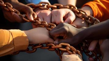 AI generated Close-up of hands joining together to form a chain. Generative AI photo