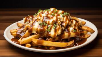 AI generated Greasy and mouthwatering poutine with crispy fries. Generative AI photo