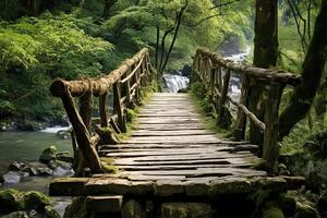 ai generado rústico de madera puente conectando rutas en un tranquilo natural ambiente. generativo ai foto