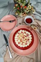 Premium Red Velvet cake include cream, sugar served on board isolated on napkin top view of cafe food photo