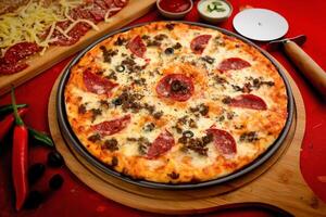 carne de vaca pepperoni Pizza con tomate salsa y mayonesa aislado en de madera tablero parte superior ver de italiano comida en de madera antecedentes foto