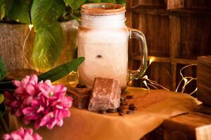 Mint chocolate Frappe served in mug isolated on table side view photo