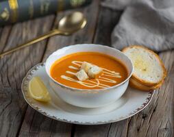 tomato soup with garlic bread served in a bowl isolated on wooden background side view of soup photo