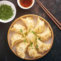 AI generated dumplings Delicious manti  showcased appetizingly against dark backdrop For Social Media Post Size photo