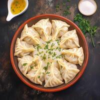 AI generated dumplings Delicious manti  showcased appetizingly against dark backdrop For Social Media Post Size photo