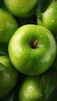 AI generated Fresh and vibrant Overhead perspective of ripe green apples Vertical Mobile Wallpaper photo