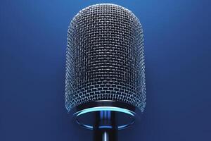 AI generated view 3D render Shiny metal microphone in close up against vivid blue photo