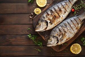 ai generado A la parrilla dorado pescado en rústico de madera fondo, sazonado con hierbas foto