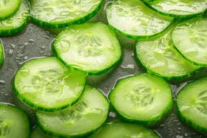 AI generated Freshness revealed Slices of green fresh cucumbers displayed close up photo