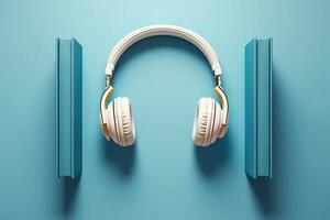 AI generated Modern learning setup Wireless headphones and books on blue background photo