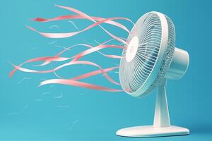 AI generated Elegant cooling White electric fan with pink ribbons on blue photo