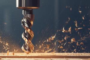 ai generado perforación proceso metal perforar poco en industrial máquina en madera foto