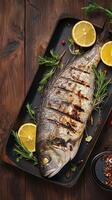 AI generated Succulent grilled dorado fish displayed on textured wooden background Vertical Mobile Wallpaper photo