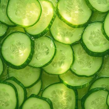 AI generated Crisp cucumber scene Slices backlit, creating textural background For Social Media Post Size photo