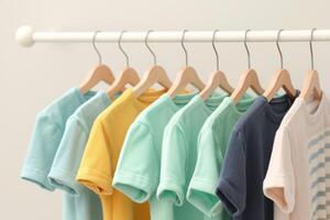 ai generado vistoso para niños vestir pastel camisas en un colgando estante foto