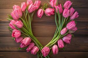 AI generated Floral heart display Pink Tulips forming heart on rustic table photo