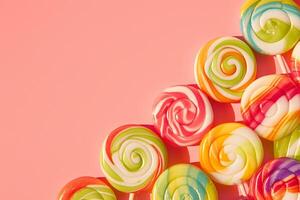 AI generated Colorful lollipop display Close up as background texture on pink photo