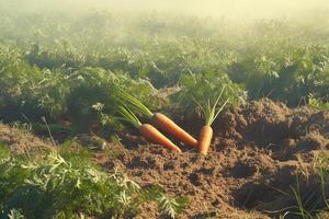 ai generado Zanahoria campo ver lozano verdor en un escénico Zanahoria granja foto