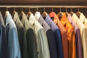 AI generated Diverse wardrobe Hanging colorful mens suits in a closet photo
