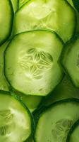 AI generated Crisp cucumber scene Slices backlit, creating textural background Vertical Mobile Wallpaper photo