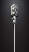 AI generated Classic microphone elegance Retro silver design on gray background, 3D Vertical Mobile Wallpaper photo