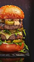 AI generated Delectable handmade burger showcased on captivating dark background banner Vertical Mobile Wallpaper photo