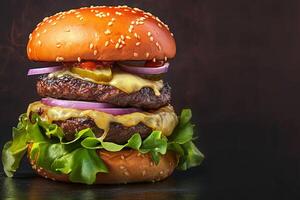 AI generated Delectable handmade burger showcased on captivating dark background banner photo