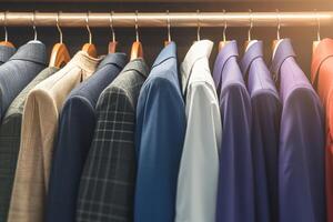 AI generated Diverse wardrobe Hanging colorful mens suits in a closet photo