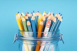 AI generated Creative workspace Colorful pencils in metal jar, blue background photo