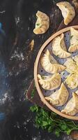 AI generated Delicious dumplings with cabbage captured from captivating top view Vertical Mobile Wallpaper photo