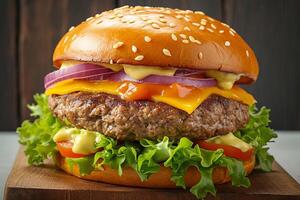 AI generated homemade burger beef, cheese, lettuce, tomato on wooden backdrop photo