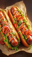 AI generated Savory homemade hot dog with sausage, salad, veggies on wood Vertical Mobile Wallpaper photo