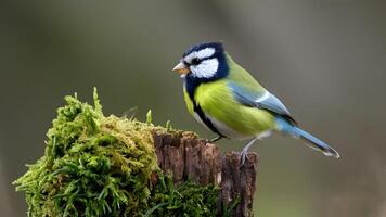 ai generado pájaro canción genial teta encaramado en cubierto de musgo tocón, vibrante colores foto