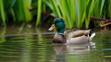 ai generado tranquilo humedal escena masculino pato real Pato en pacífico nadar foto