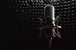 AI generated Minimalist recording studio Black retro microphone against soundproof walls, 3D photo