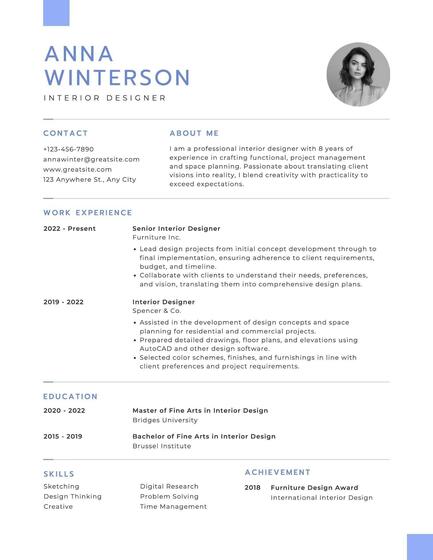 Blue White Minimalist Interior Designer Resume