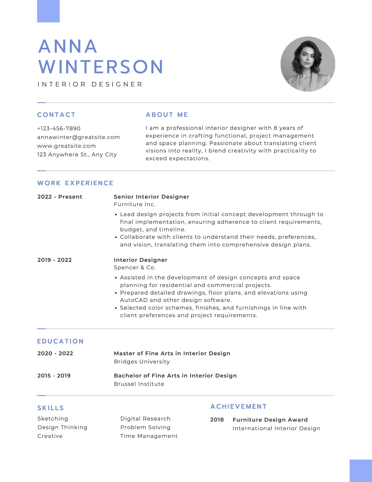 Blue White Minimalist Interior Designer Resume