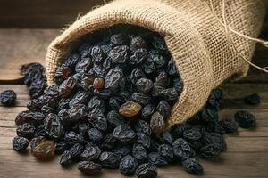 AI generated Rustic raisin display Black raisins in burlap bag on wooden table photo