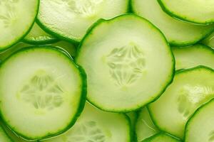 AI generated Fresh green display Backlit slices of cucumber for textural background photo