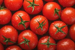 ai generado Cereza tomate abundancia Fresco rojo Tomates con Rocío, texturizado antecedentes foto