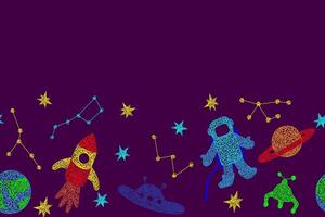 Seamless border with hand drawn stars, flying sauer, planet, mars rover, rocket, earth planet,constellations on purple background in childrens naive style. vector