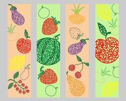 Set bookmarks with hand drawn watermelon, cherry, apple, pear, lemon, strawberry, eggplant, currant, onion on beige and green background in childrens naive style. vector