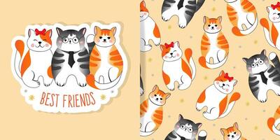 conjunto de tarjeta y sin costura modelo con gris y rojo a rayas gatos en naranja antecedentes. vector ilustración para niños, tela.