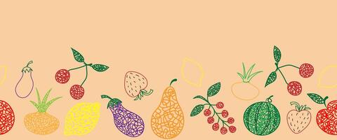 Seamless pattern border with hand drawn watermelon, cherry, apple, pear, lemon, strawberry, eggplant, currant, onion on beige background in childrens naive style. vector